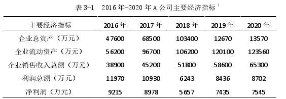 表 3-1  2016 年-2020 年 A 公司主要經(jīng)濟(jì)指標(biāo)